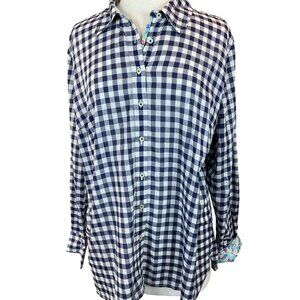 Talbots Long Sleeve Fitted Nvy Gingham Button Front Floral Contrast Shirt NWT XL
